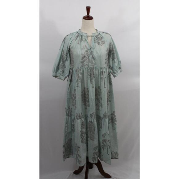 MATTA Sz S Small Aqua Stripe Short Elbow Sleeve Midi Dress Cotton Katia Trees - Picture 2 of 11